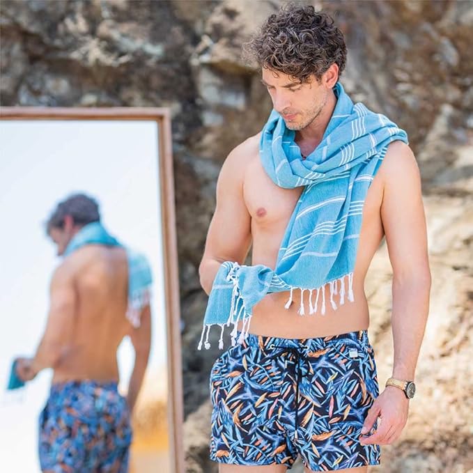 Hencely Turkish Beach Towel 37x68 Oversized, Sand-Free, Quick-Dry, Lightweight - Travel Essential for Pool & Bath - Striped 100% Cotton Bathroom Towels Accessories Gift (Turquoise)