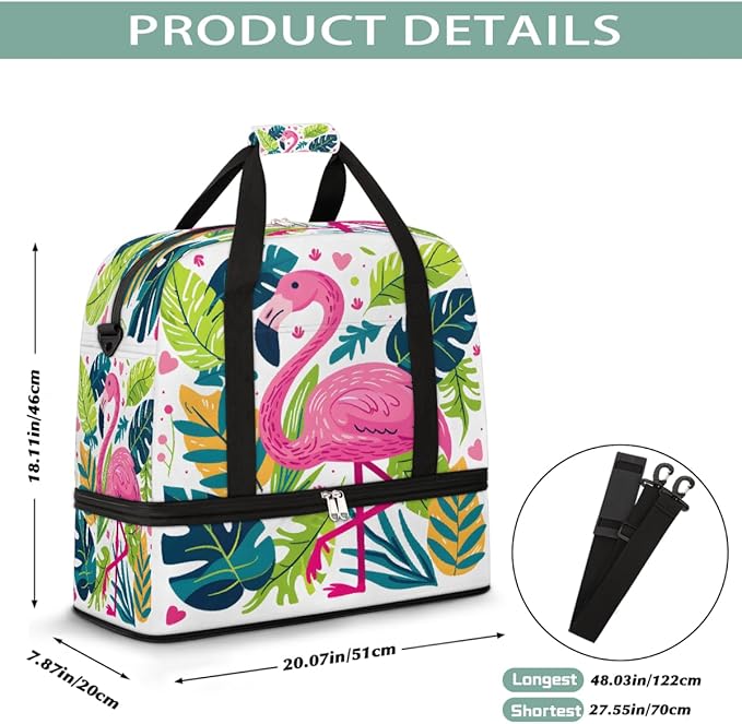 Pink Flamingo Tropical Leaves Large Weekender Bag with Shoe Compartment Travel Duffel Bags for Women Carry On Hospital Overnight Bag Foldable Personal Item Travel Bags Tote Gym Sports Airplanes
