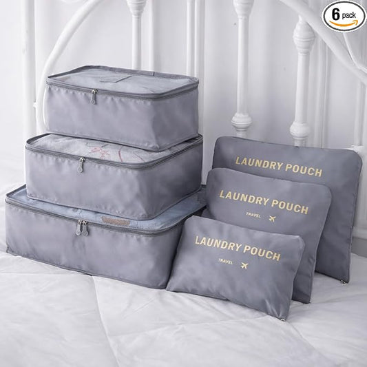 6 Set Travel Packing Cubes for Luggage – Laundry Pouch Organizer Bags, Lightweight Storage Pouches for Clothes, Shoes, and Toiletries (grey)