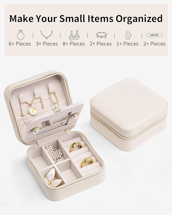 Vlando Bridesmaid Gifts - Small Travel Jewelry Box Organizer - Wedding Gifts for Girls Women Rings Earrings Necklaces Storage with Mirror - Milky White