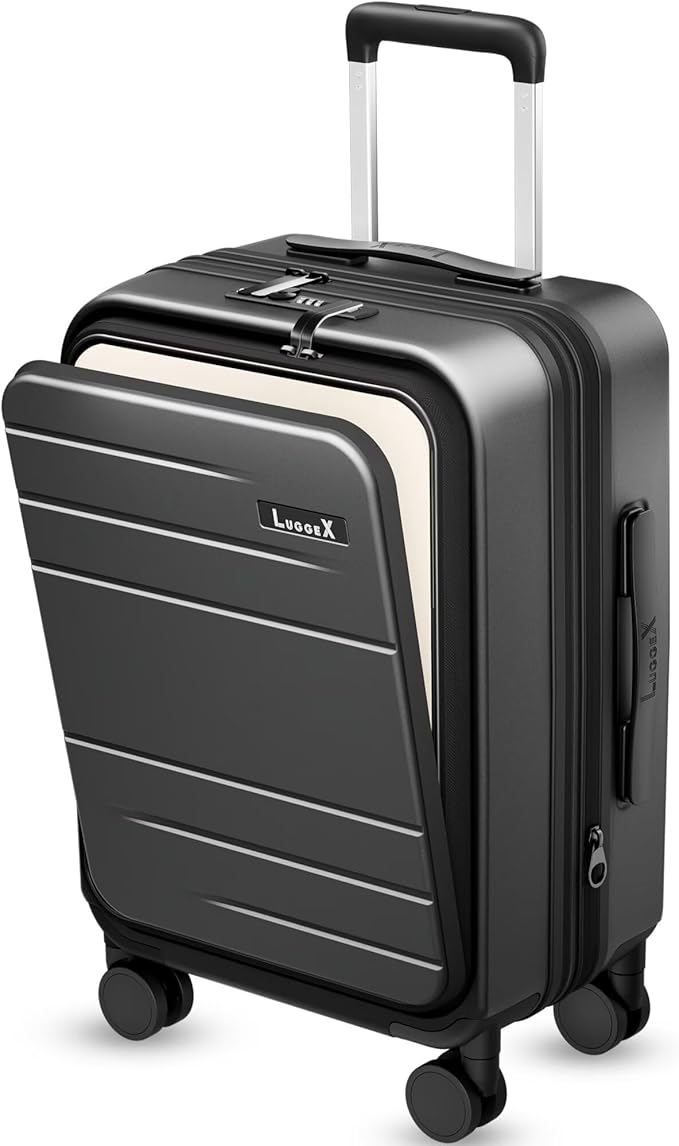 Carry On Luggage 22x14x9 Airline Approved, FLO5 Expandable Polycarbonate Suitcase with Front Pocket (FX-Core, Black, 20 Inch)