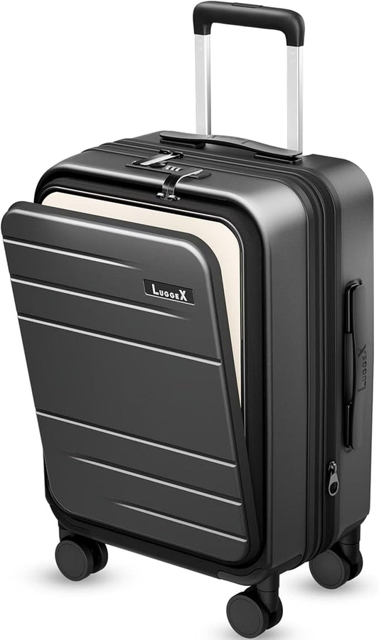 Carry On Luggage 22x14x9 Airline Approved, FLO5 Expandable Polycarbonate Suitcase with Front Pocket (FX-Core, Black, 20 Inch)