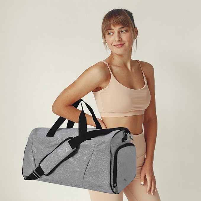 NGIL Glitter Cheers Sports Gym Duffel with Shoe Compartment and Small Carry on Travel Tote Bags for Women, Gym bag, Overnight bags for Women, Cheer Bag (Glitter-Silver)