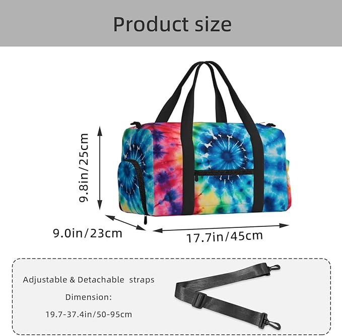 Sports Gym Bag Colorful Tie Dye Ethinic Pattern Travel Duffel Bag With Shoe Compartment Shoulder Strap, Lightweight Water-Resistant Weekend Overnight Totes For Women Men