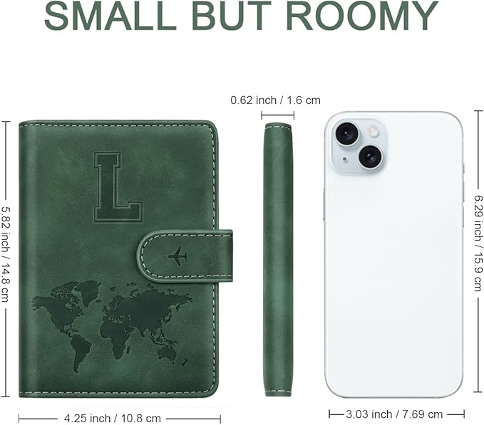 Personalized L Passport Holder Cover Initial Letter Travel Wallet RFID Blocking Passport Cover Credit Card Holder Case Passport Book Holders for Women and Men, Pine Green-L