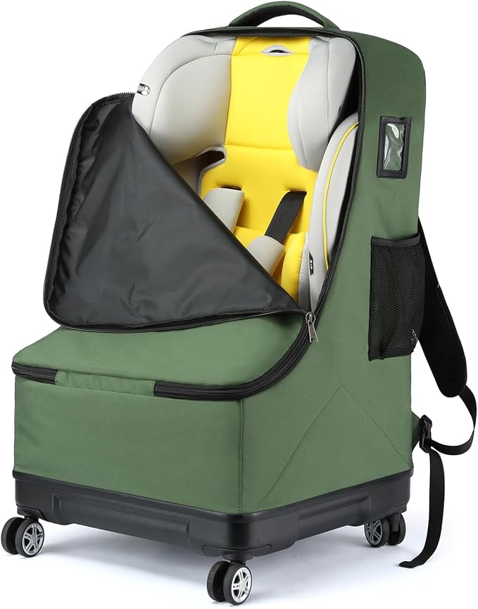 TUGUAN Car Seat Travel Bag for Airplane with Spinner Wheels, Infant Car Seat Bags for Air Travel with Hard Bottom, Padded Car Seat Backpack, Large Car Seat Storage Bag Airport Check, Green