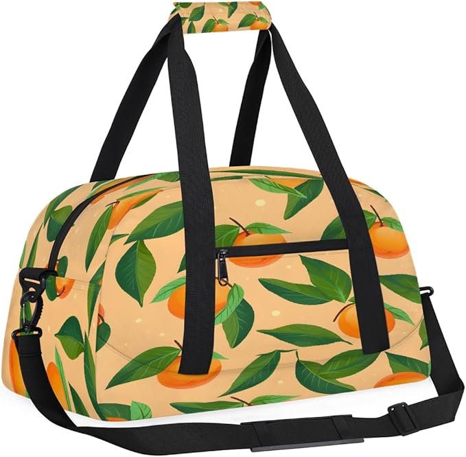 Gym Bag for Women Men, Orange Fruit Leaf Travel Duffle Bags for Dance Ballet Overnight, Carry-On Weekender Bag with Detachable Shoulder Strap