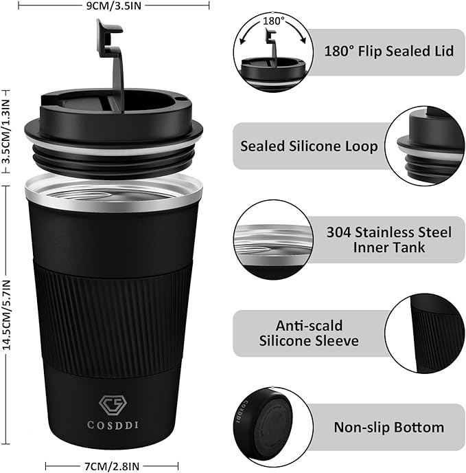 CS COSDDI 12 oz Stainless Steel Vacuum Insulated Tumbler - Coffee Travel Mug Spill Proof with Lid - coffee Cup for Keep Hot/Ice Coffee,Tea and Beer (3rd Black)