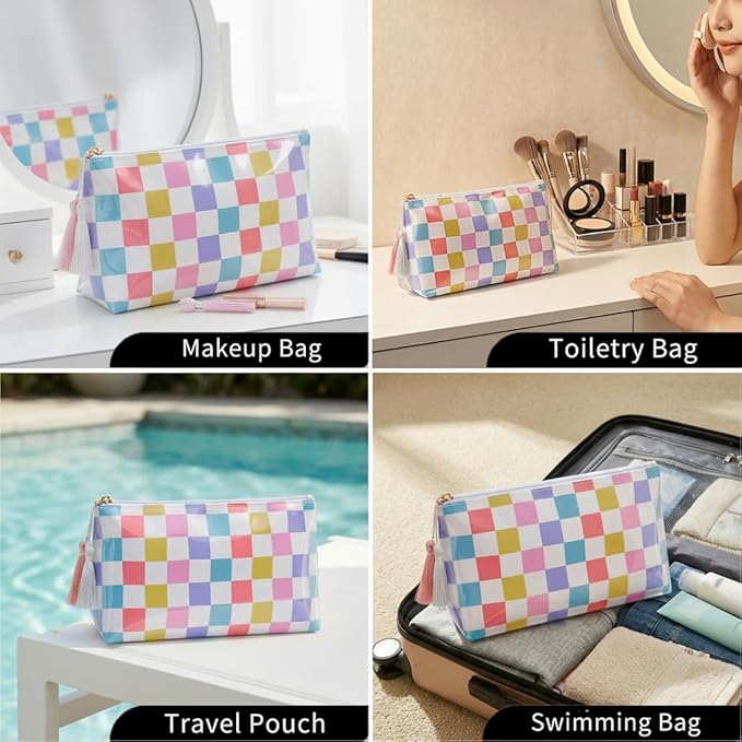Makeup Bag, Small Clear Coated Cosmetic Bags for Women Girls, Waterproof Travel Makeup Bag for Purse Organizer Zipper Pouch Beach Summer Vacation Essentials Gifts for Women
