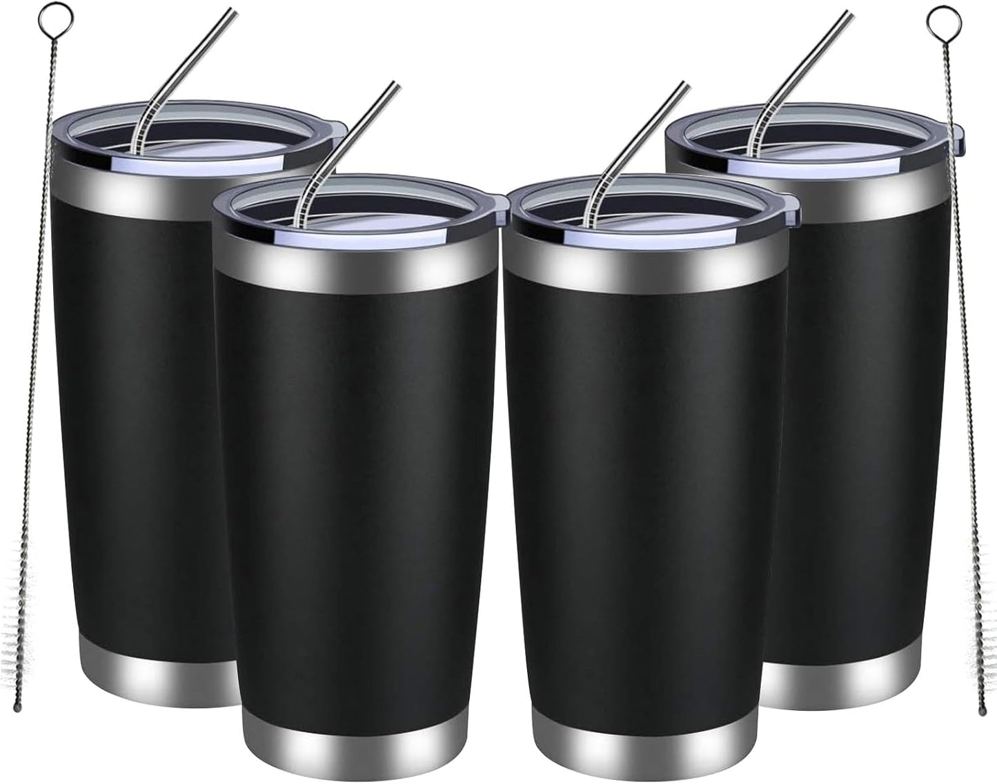 MEWAY 20oz Tumbler 4 Pack Double Wall Vacuum Insulated Travel Mug Bulk, Stainless Steel Tumblers with Lid and Straw, Durable Powder Coated Coffee Cups for Cold & Hot Drinks (Black, 4)