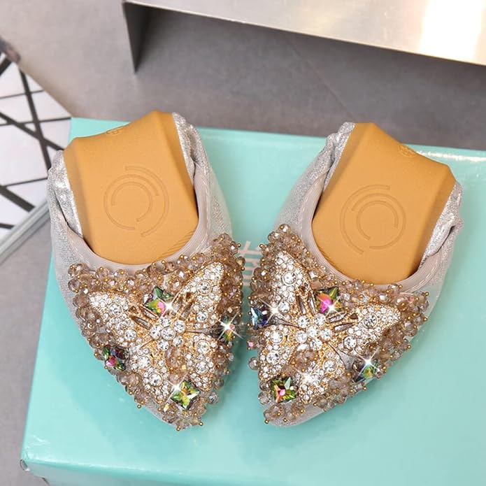 KUNWFNIX Women Ballet Flats Rhinestone Wedding Ballerina Shoes Foldable Sparkly Comfort Slip on Flat Shoes