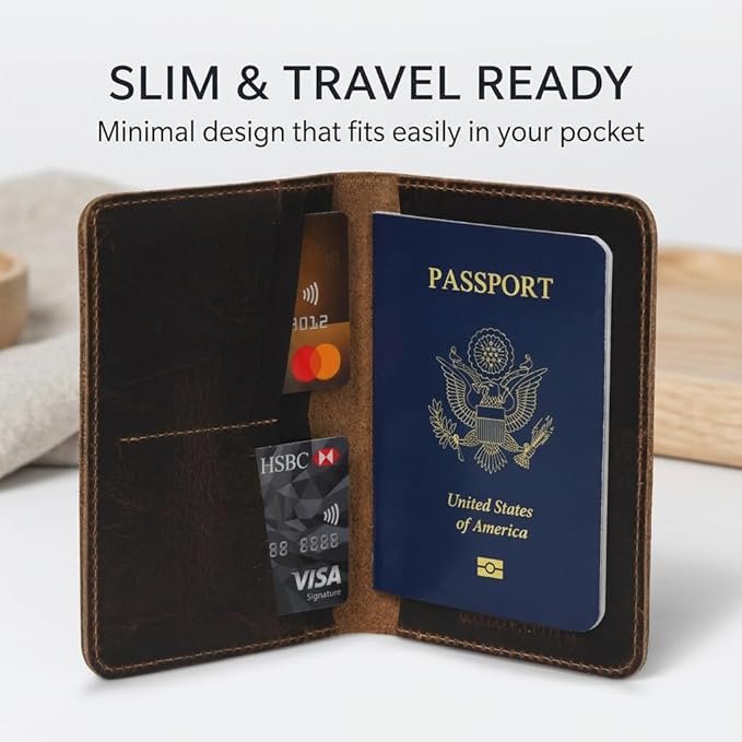 Rustique Leather Passport Holder Collection - Handmade Travel Wallet & Organizer - Full Grain Crazy Horse Leather Covers for Men & Women (Multiple Styles) (Standard Passport Cover - Smoky Bourbon)