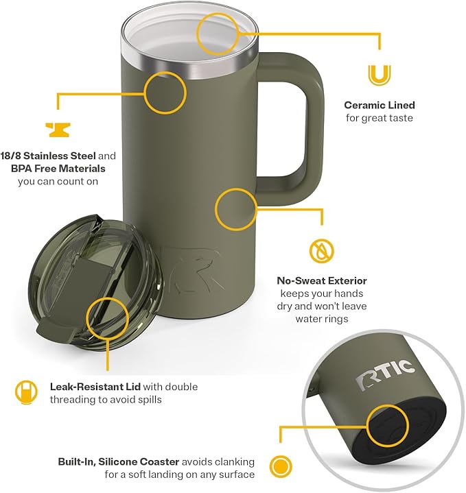 RTIC 16oz Road Trip Travel Mug with Lid and Handle, Ceramic Lined, Insulated, Stainless Steel, Metal, Double Wall Vacuum-Insulation, Portable Coffee, Tea Cup for Hot and Cold Drink, Olive