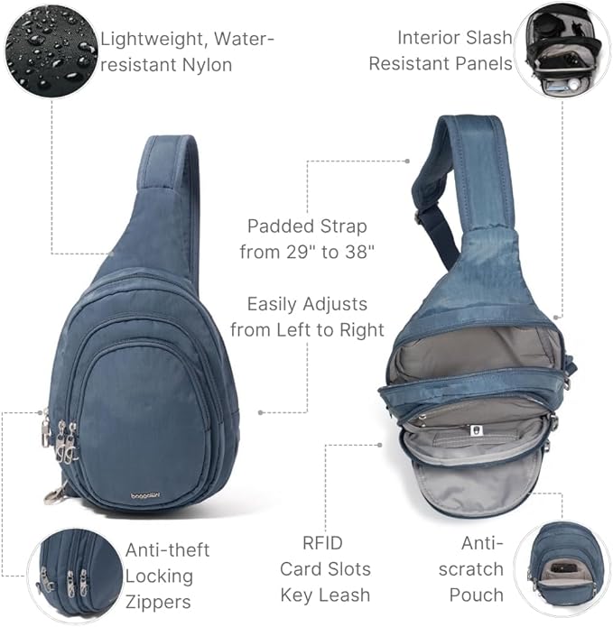 Baggallini Securtex® Anti-Theft Triple Zip Sling 8.6"x15.2" Travel Crossbody Backpack with RFID Wallet Locking Zipper