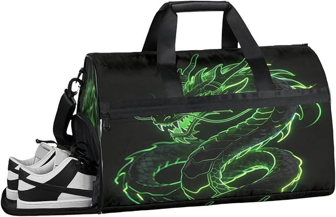 Green Dragon Print Sports Gym Bag with Wet Pocket & Shoes Compartment Waterproof Workout Duffel Bag for Women and Men Weekender Overnight Duffle Bag Travel Carry-on Tote