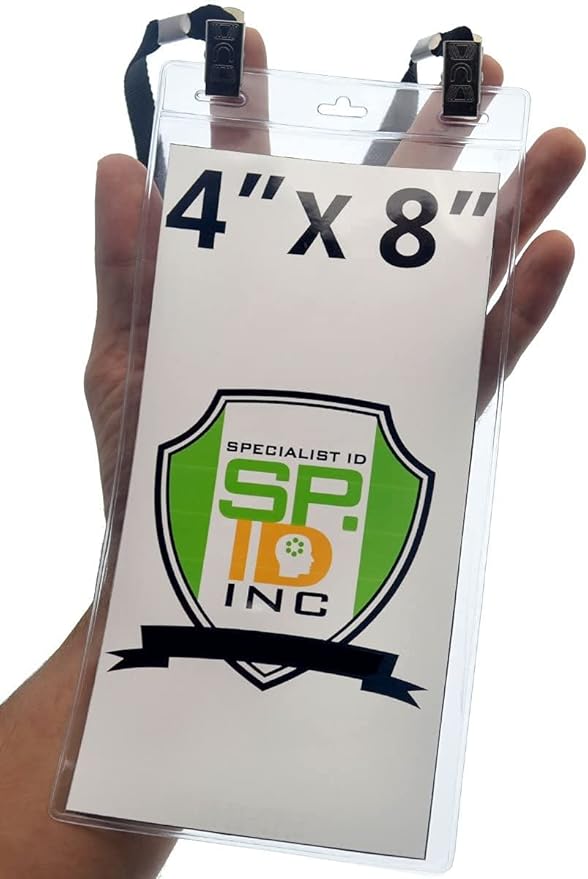 Bulk 25 Pack - 4 x 8 Inch Extra Large Ticket & Event Credential Badge Holders with Double Sided Lanyards with Two Bulldog Clips, by Specialist ID (Black)