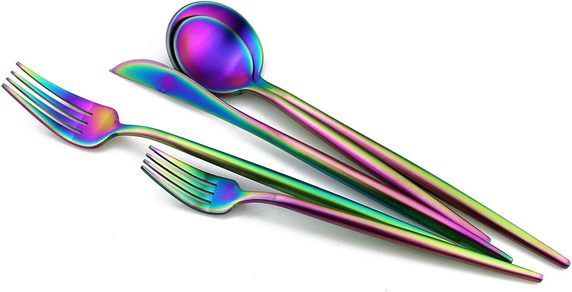 Matte Rainbow Silverware, Gugrida 5-Piece 18/10 Stainless Steel Flatware Set, Satin Finish Kitchen Utensils, Tableware Travel Cutlery for Camping, Office or School Lunch, Dishwasher Safe
