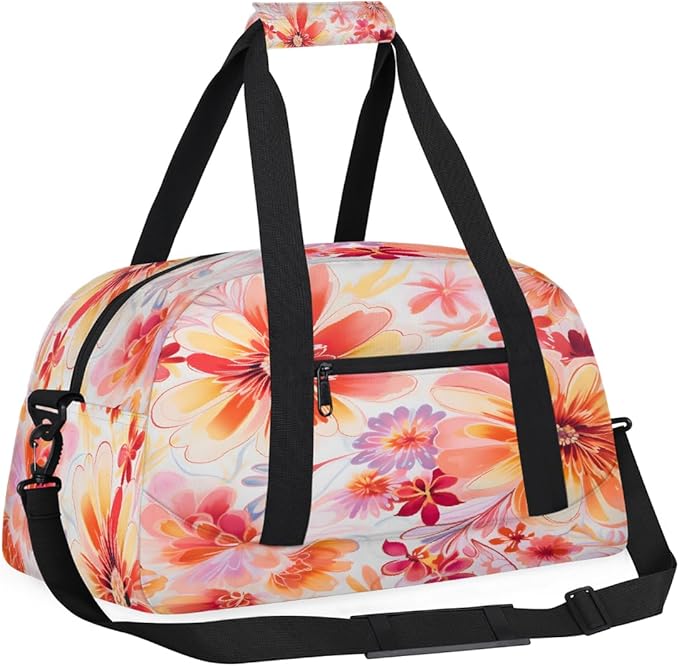 Travel Duffle Bag, Orange Pink Watercolor Blooms Waterproof Weekender Overnight Bags for Women Men Lightweight Carry on Duffle Gym Bag for Travel, Sports, Fitness, Workout