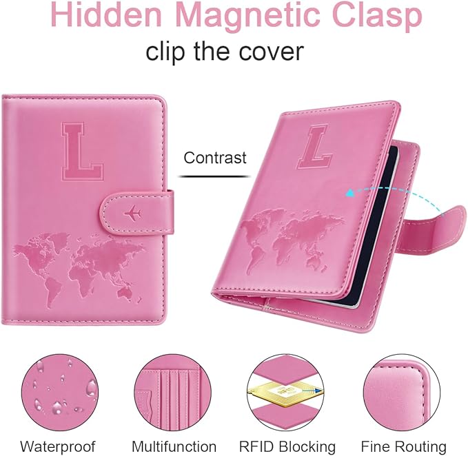 Passport Holder Cover Initail Letter A-Z Travel Wallet Embossed Design RFID Blocking Card Holder Personalized Gift Passport Cover Wallet, Passport Book Holders for Women and Girls, Pink-L