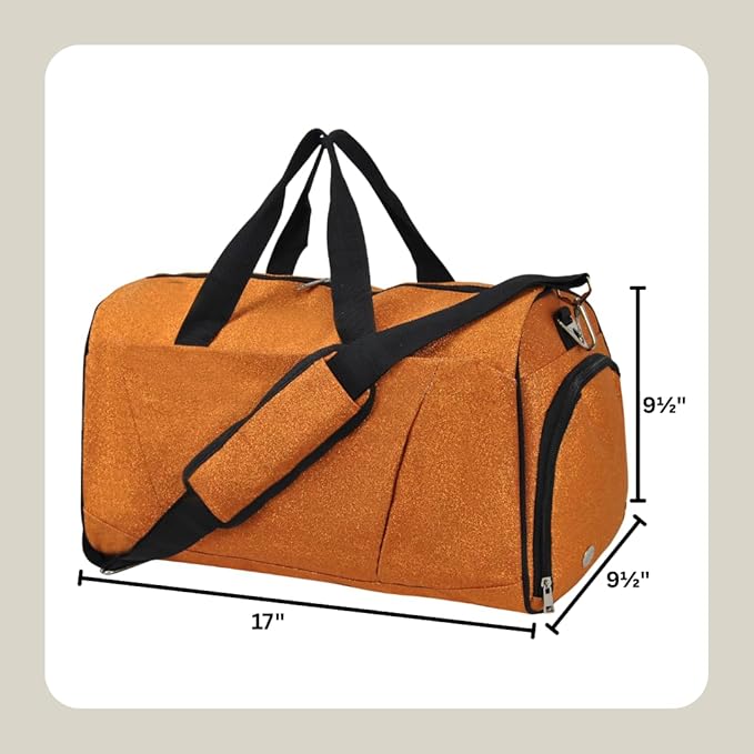 NGIL Glitter Cheers Sports Gym Duffel with Shoe Compartment and Small Carry on Travel Tote Bags for Women, Gym bag, Overnight bags for Women, Cheer Bag (Glitter-Orange)