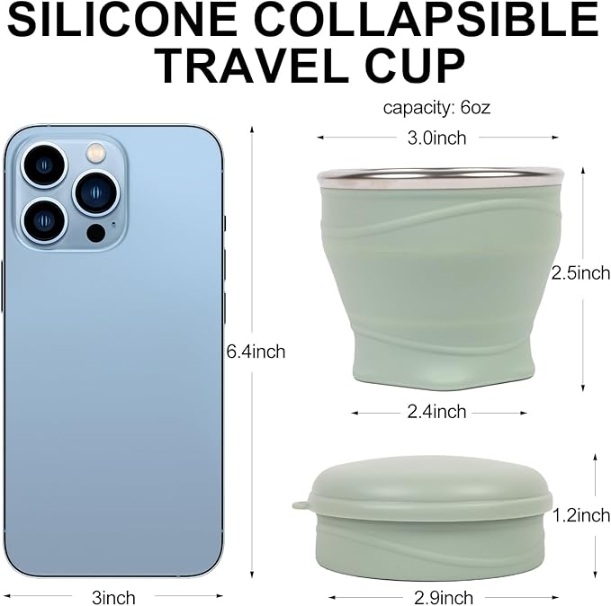 Collapsible Travel Cup with Lid (6oz/180ml) - BPA Free Silicone Folding Cup with Stainless Steel Rim - Portable Pocket Size Drinking Cup for Mouthwash, Pills, Hiking, Camping & Kids(Green)
