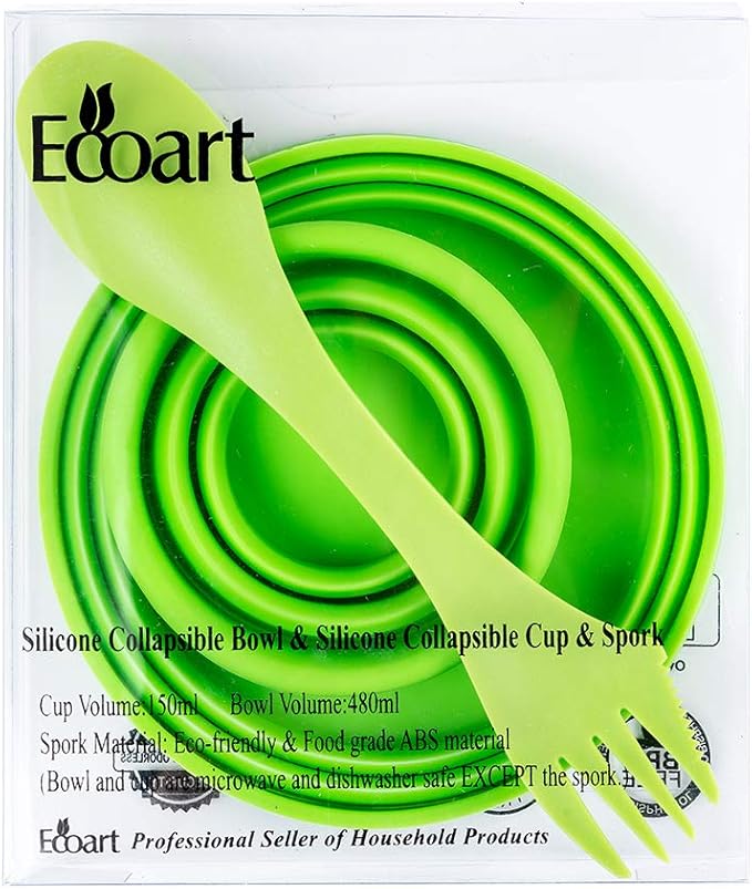 Ecoart Silicone Collapsible Bowl Cup Set with Spork for Outdoor Camping Hiking Travel - Set of 3