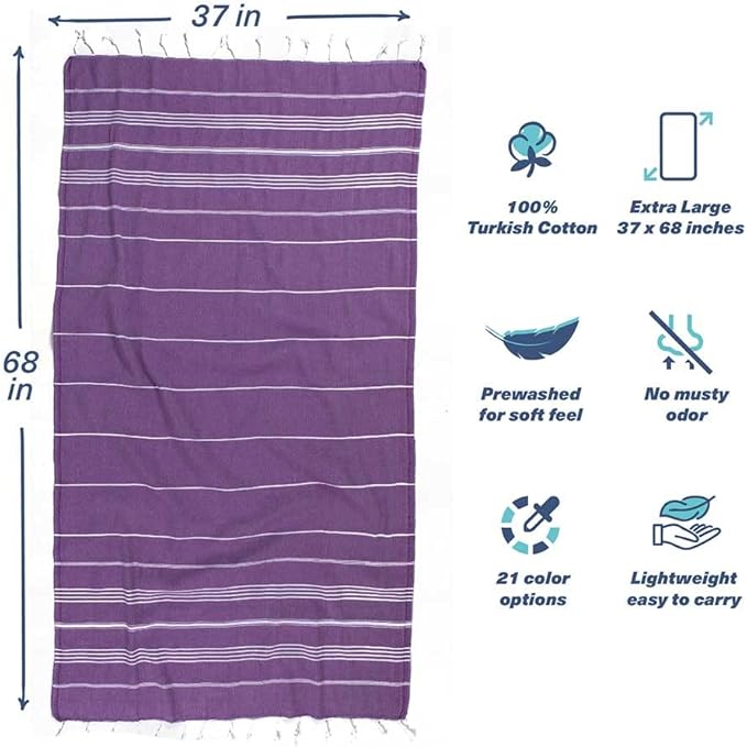Hencely Turkish Beach Towel 37x68 Oversized, Sand-Free, Quick-Dry, Lightweight - Travel Essential for Pool & Bath - Striped 100% Cotton Bathroom Towels Accessories Gift (Purple)