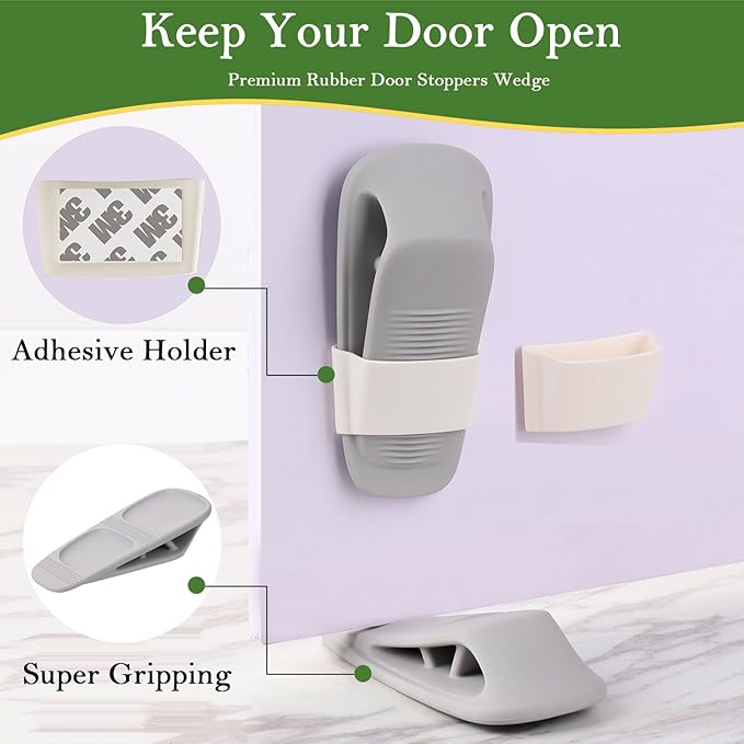 Fursafe&Q Rubber Door Stoppers for Bottom of Door, Door Stop Wedge with Holder, Heavy Duty Doorstops 8 Pack, Wall Protector for Home & Office & School & Commercial Doorstop Keep Open Stack Grey