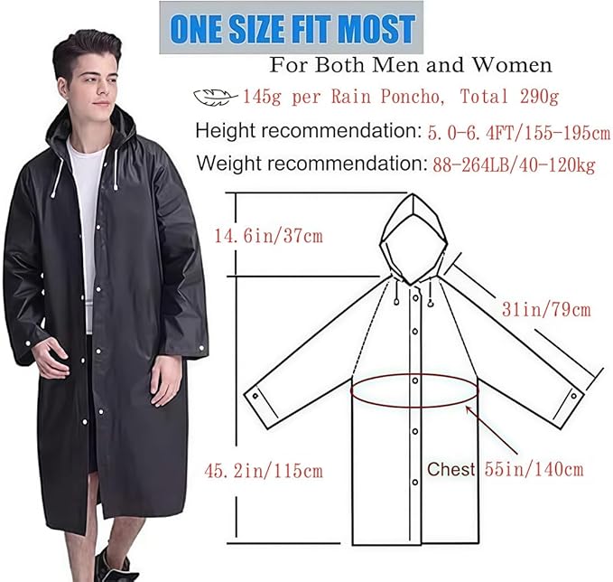 Rain Coat Poncho for Adult, 2 Pack Women Men Reusable Raincoats Emergency with Hood and Drawstring