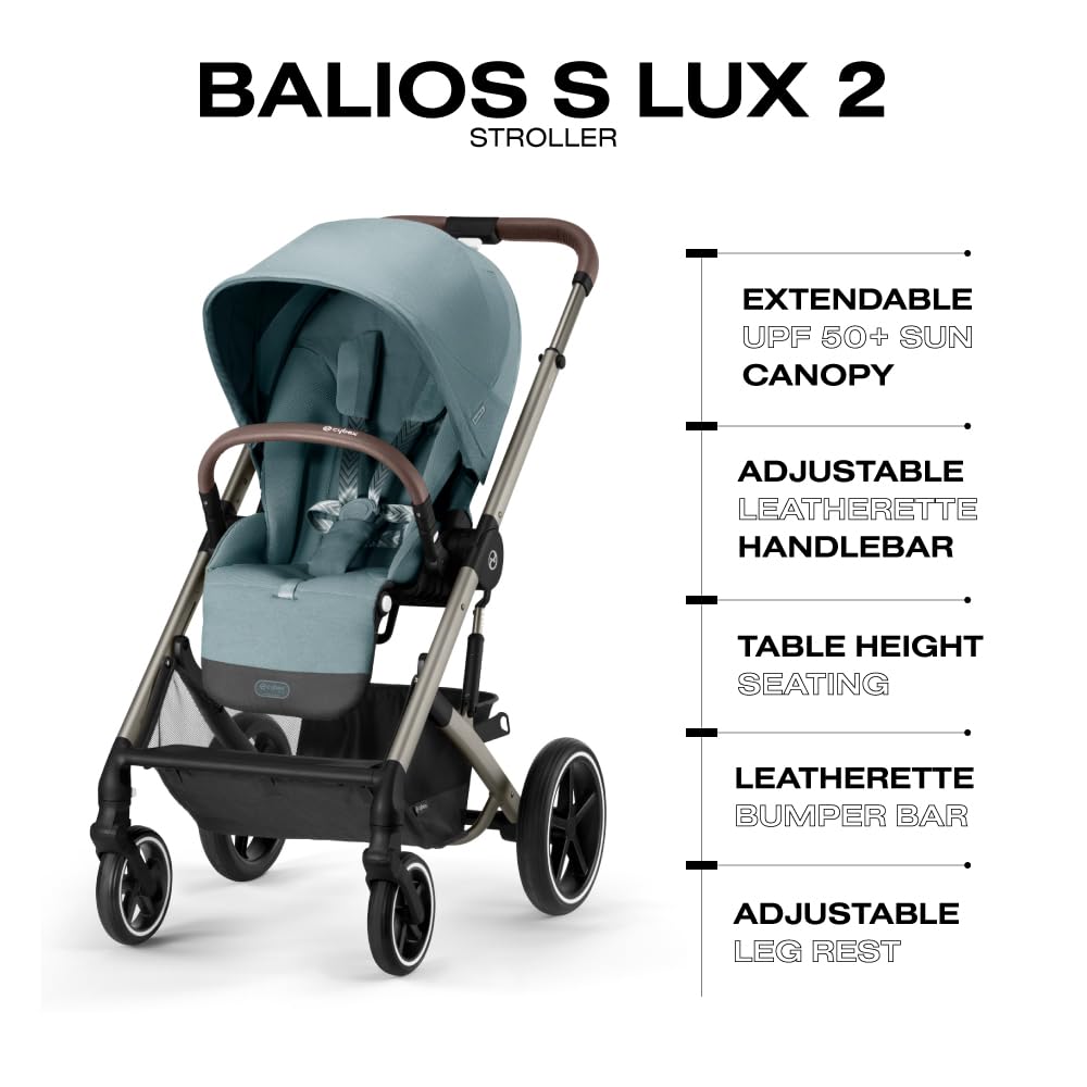 Cybex Balios S Lux Toddler and Baby Stroller with Reversible Seat, Unique One-Pull Harness, and Multiple Recline - Travel System Ready, with One Hand Fold, Taupe Frame/Sky Blue Seat