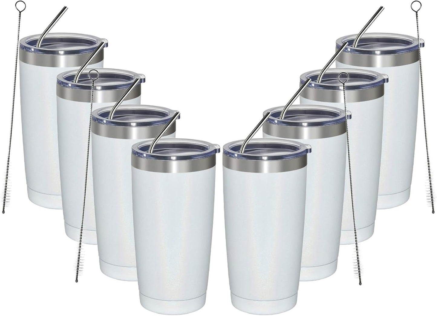 MEWAY 20oz Tumbler 8 Pack Double Wall Vacuum Insulated Travel Glitter Mug Bulk, Stainless Steel Tumblers with Lid and Straw, Powder Coated Coffee Cups for Woman(Rainbow White,Set of 8)