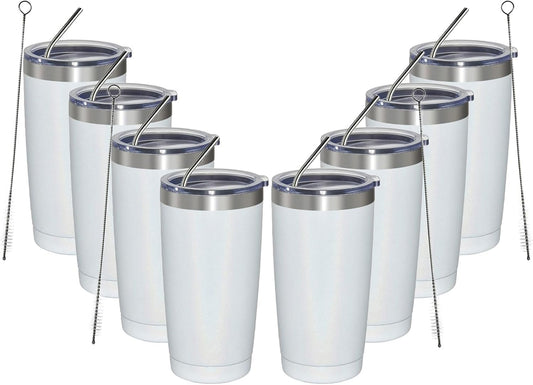 MEWAY 20oz Tumbler 8 Pack Double Wall Vacuum Insulated Travel Glitter Mug Bulk, Stainless Steel Tumblers with Lid and Straw, Powder Coated Coffee Cups for Woman(Rainbow White,Set of 8)