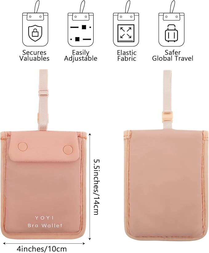 YOYI YOYI RFID Undercover Bra Wallet,Travel Pouch,Secret Pocket - Credit Cards & Money & Valuables with Adjustable,Elastic Strap Suitable for All Bra Sizes Pink -Large