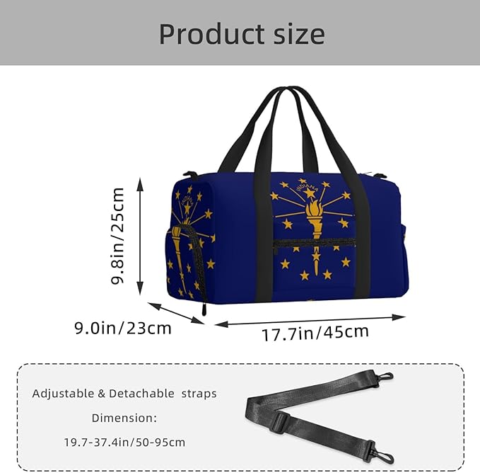 Indiana State Flag Print Gym Bag with Shoe Compartment for Women Men, 17.7in Sports Duffle Weekender Tote, Overnight Travel Duffel Bag Carry On