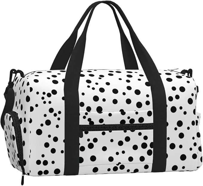 Black White Polka Dot Print Gym Bag with Shoe Compartment for Women Men, 17.7in Sports Duffle Weekender Tote, Overnight Travel Duffel Bag Carry On