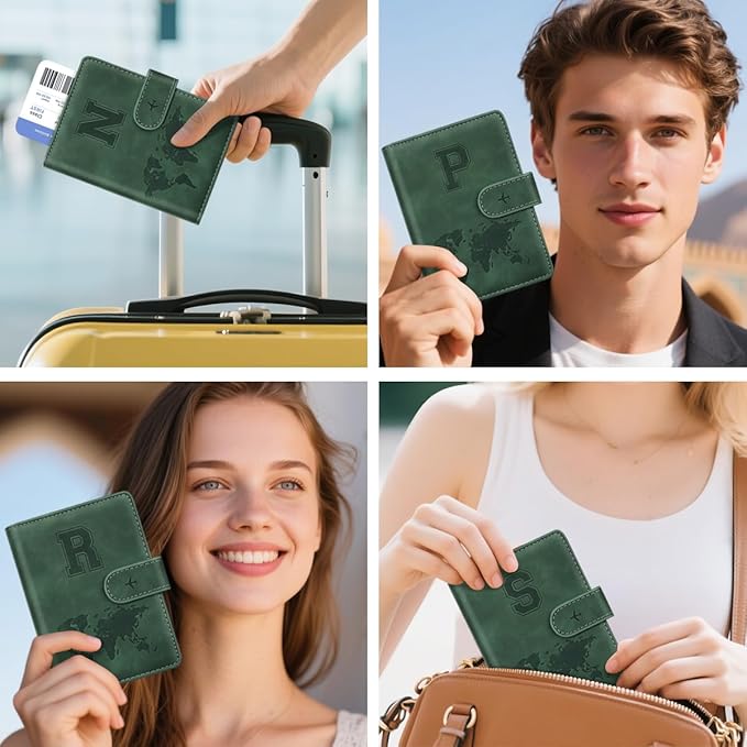 Personalized R Passport Holder Cover Initial Letter Travel Wallet RFID Blocking Passport Cover Credit Card Holder Case Passport Book Holders for Women and Men, Pine Green-R