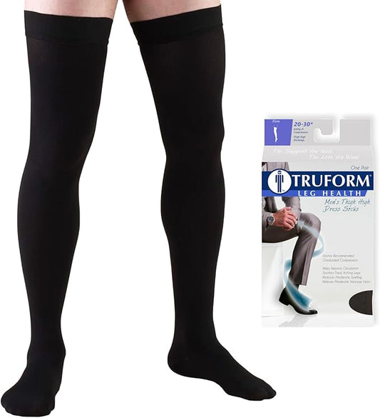 Truform Compression Socks, 20-30 mmHg, Men's Dress Socks, Thigh High Over Knee Length, Black, Large