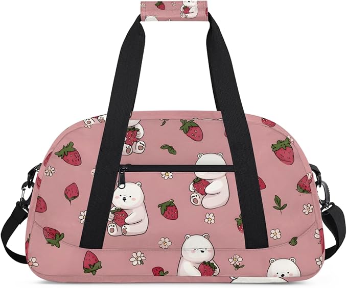 Strawberry Bear Gym Travel Duffle Bag for Women & Men with Front Zipper Pocket for Sports, Overnight, Weekender, Carry On,Workout & Dance Bag,Cute Strawberry Bear,18.9 * 8.7 * 10.6 in