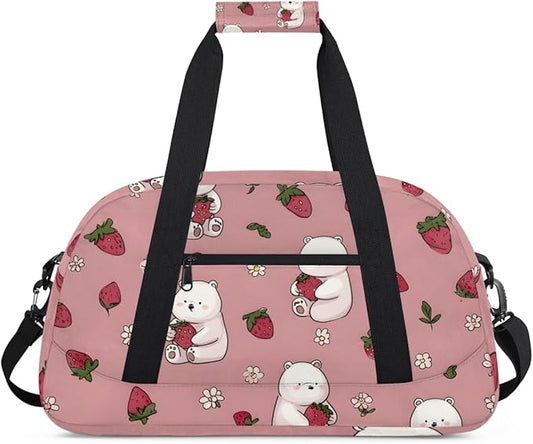 Strawberry Bear Gym Travel Duffle Bag for Women & Men with Front Zipper Pocket for Sports, Overnight, Weekender, Carry On,Workout & Dance Bag,Cute Strawberry Bear,18.9 * 8.7 * 10.6 in
