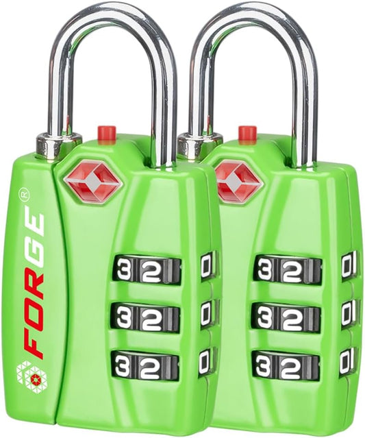 Forge TSA Luggage Combination Lock - Open Alert Indicator, Easy Read Dials, Alloy Body- Ideal for Travel, Lockers, Bags (Green 2Pk)