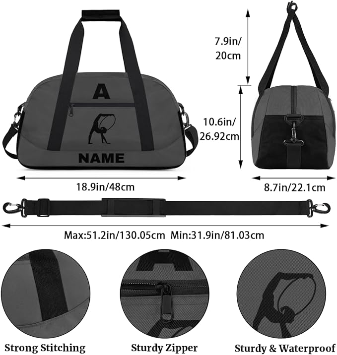 Personalize-Kids-Sports-Duffel-Bags With Custom Name Text Carry-On Overnight Travel Gym Lightweight Dance Pattern Sports Bags For Girls Boys Kids,Grey