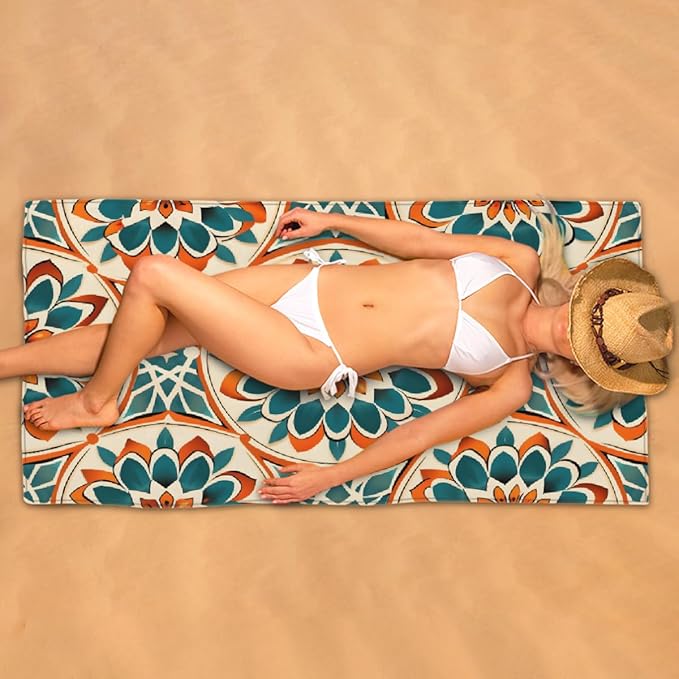 Ethnic Style Mandala Floral Beach Towel, Large Microfiber Quick Dry Lightweight Pool Bath Towels Sand Free Beach Blanket for Summer Cruise Yoga Camping Travel Vacation Essentials 31 x 61 in