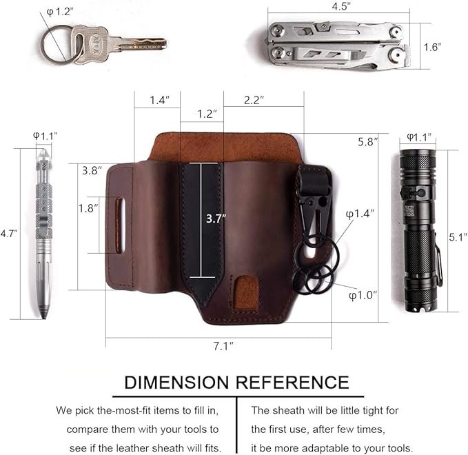 Gentlestache Multitool Sheath for Belt, Leather EDC Pocket Organizer for Men, Leatherman Sheath with Pen Holder, Key Fob, Flashlight Sheath, EDC Leather Pouch Dark Brown