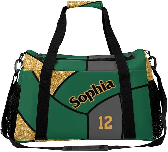 Custom Gold Green Volleyball Duffel Bag with Name Personalized Travel Bags Sport Gym Bag Carry On Weekender Bags for Men Women