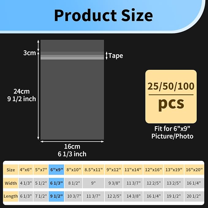 50 Pack Cellophane Bags 6x9 - Acid Free 1.57 mil (Single Side) Thick Heavy Duty Poly Bags 6x9 Self Adhesive Clear Paper Sleeves Protector Clear Plastic Sleeves for Photo Paper Cardstock