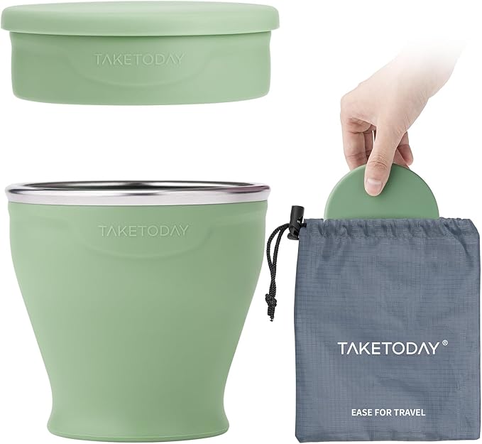 TakeToday Collapsible Travel Cup 8 oz - Silicone Foldable Water Cup, BPA-Free with Lid & Waterproof Bag - Drinking Cup Set for Office, Camping & International Travel（Green）
