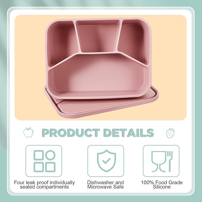 4 Pcs Silicone Bento Box Reusable Lunch Container Smooth Leak Proof Lunch Box Rectangle Bento Boxes for Adult Work Travel Food Meal Compartment Storage, 4 Colors(Pastel Color)