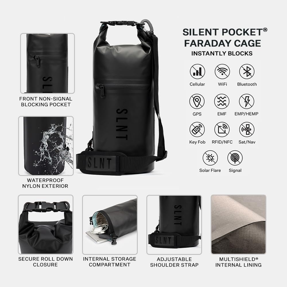 SLNT Waterproof Faraday Dry Bag - 420D Waterproof Nylon Signal Blocking Backpack - Protects Electronics from Water, Spying, Hacking - Blocks RFID, WiFi, Bluetooth, NFC, Cellular, GPS, EMF (5 Liter)