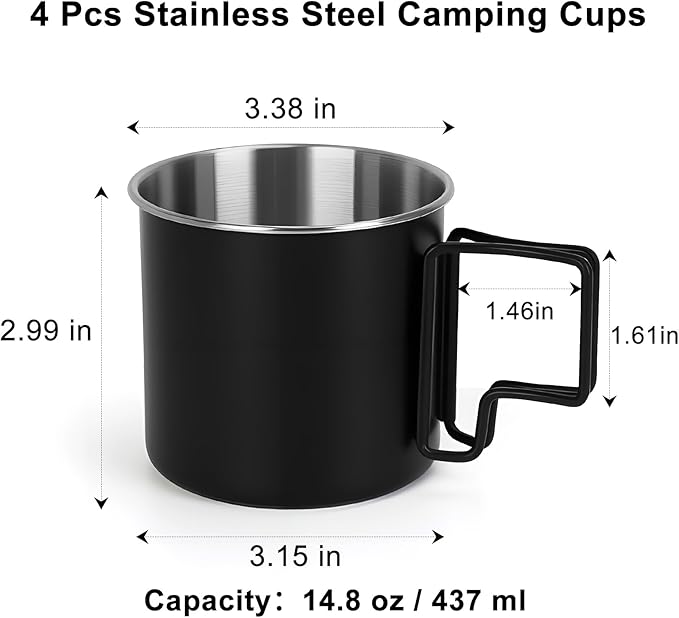 4 Pack Stainless Steel Camping Cups with Foldable Handle, 14.8oz Portable Cups for Coffee & Travel, Dishwasher Safe - Perfect for Picnic, Hiking, Office (4 Colors)