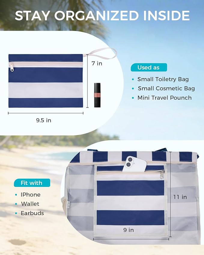 WANDF Beach Bags for Women, Large Waterproof Sandproof Beach Tote Bag with Zipper Family Pool Bags with 40oz Tumbler Pocket, Swim Cruise Vacation Essentials (Navy Blue) | 40oz Tumbler Pocket